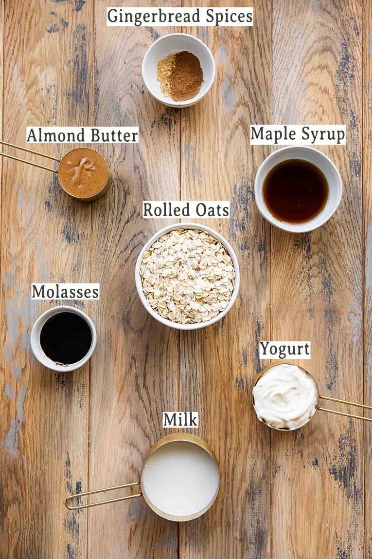 Ingredients for gingerbread cookie overnight oats recipe.