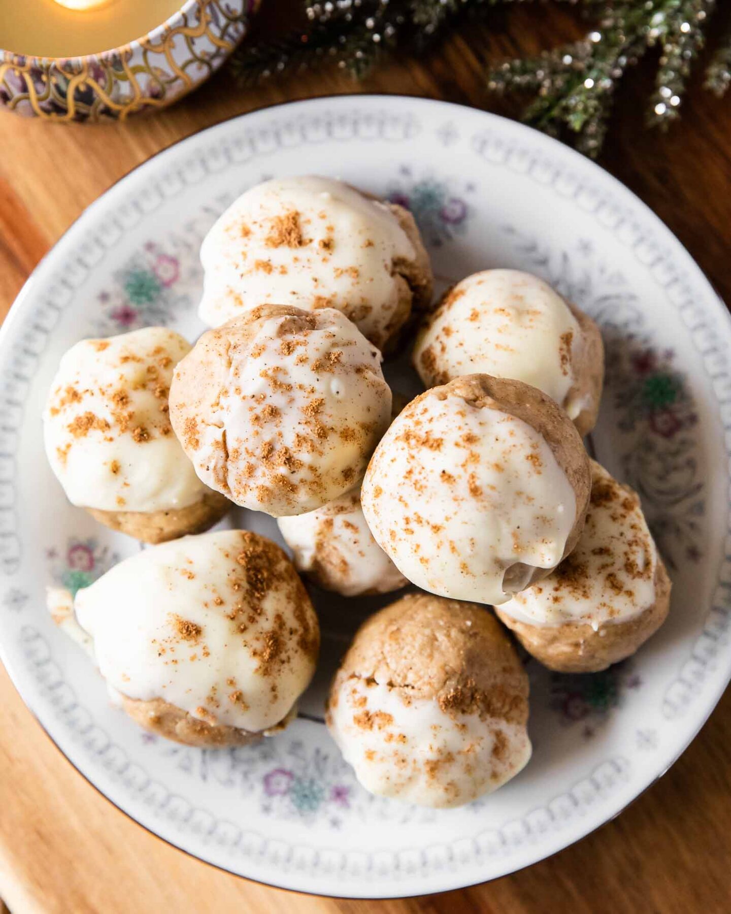 Top shot photo of Gingerbread Cookie Protein Bites recipe.