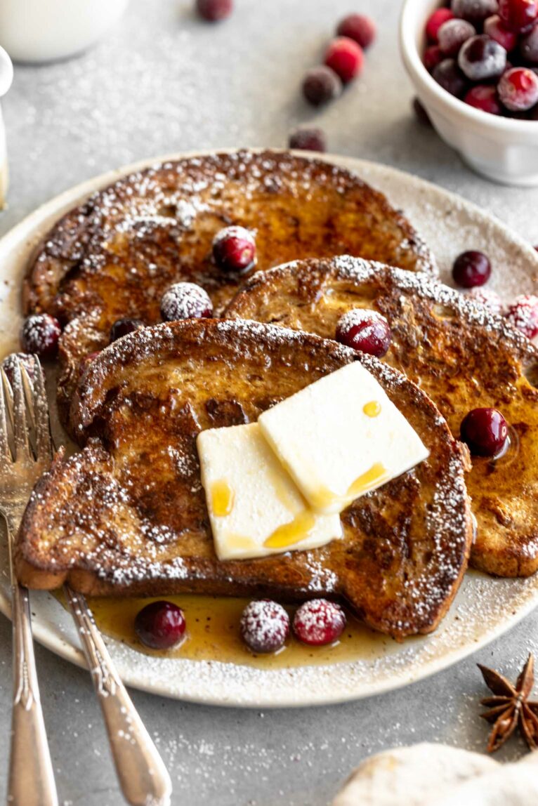 Angled photo of Brioche Gingerbread French Toast recipe.