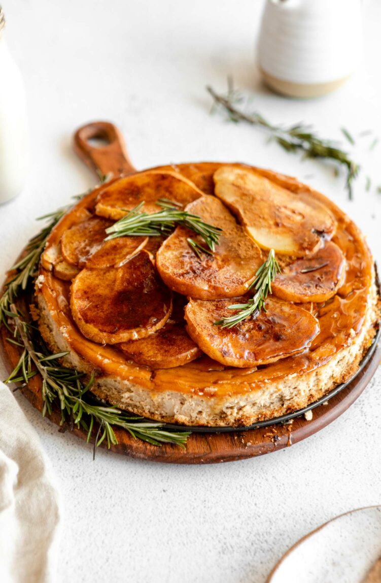 Angled photo of Honey Pear Ginger Cheesecake recipe.