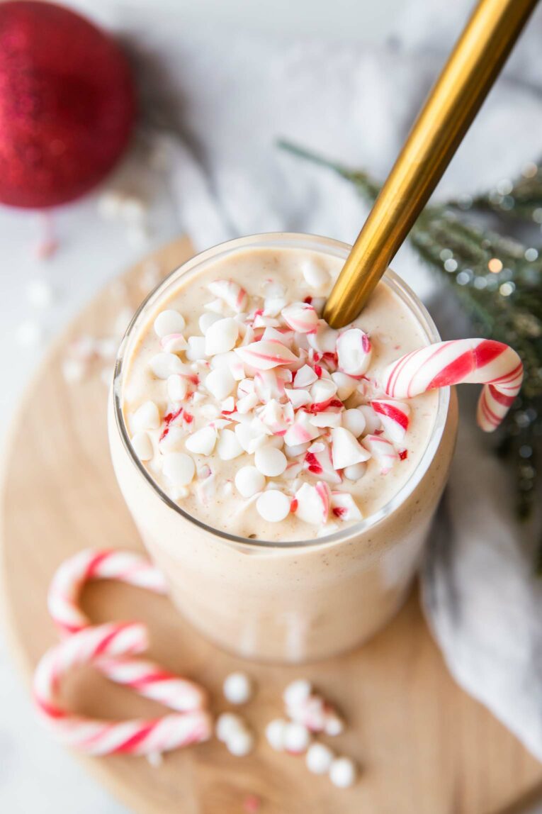 Top shot of Peppermint Frosty Recipe with white chocolate chips and peppermint pieces.