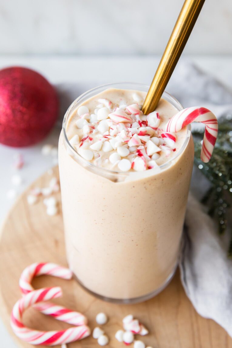 Angled photo of Peppermint Frosty in a glass with a spoon.