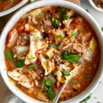 Stuffed Cabbage Soup recipe in a bowl with a spoon.