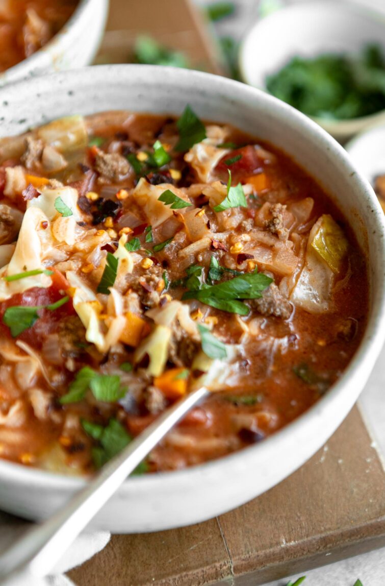 Angled photo of Stuffed Cabbage Soup recipe.