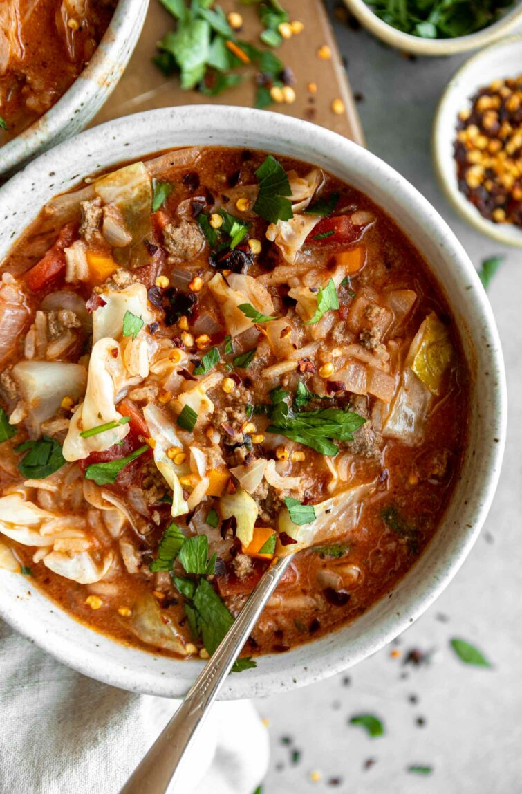 Close up of gluten-free healthy Stuffed Cabbage Soup in a bowl.