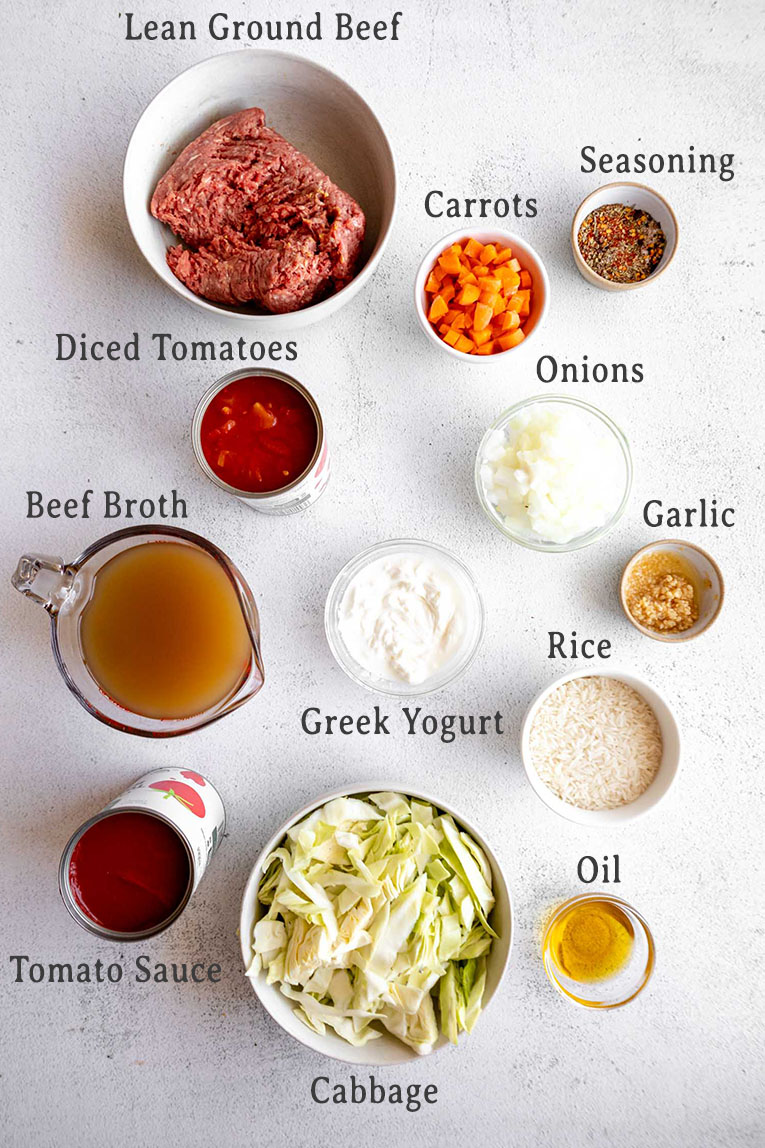 Ingredients list for Stuffed Cabbage Soup recipe.