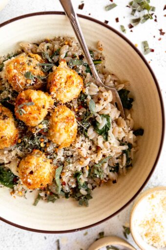 Top shot of Turkey Sage Meatballs recipe over orzo.