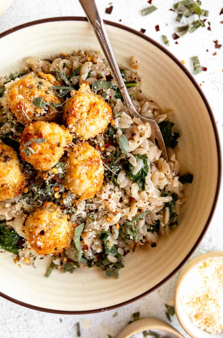 Top shot of Turkey Sage Meatballs recipe over orzo.