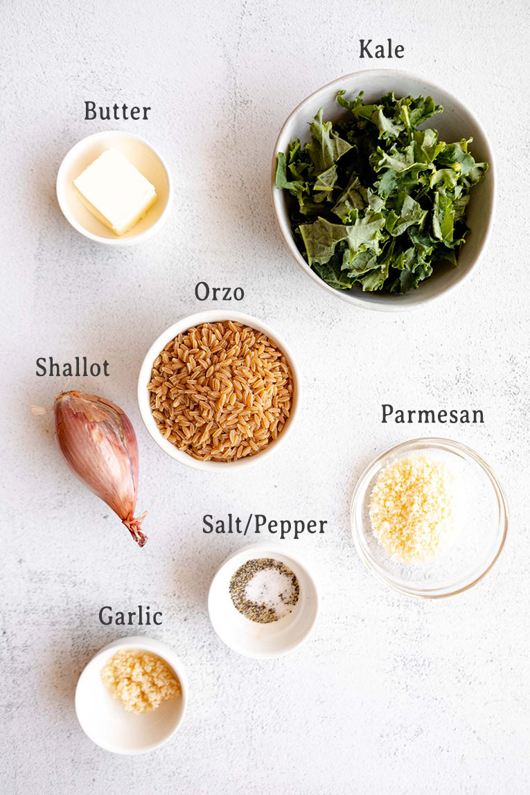 Ingredients for kale parmesan orzo recipe.