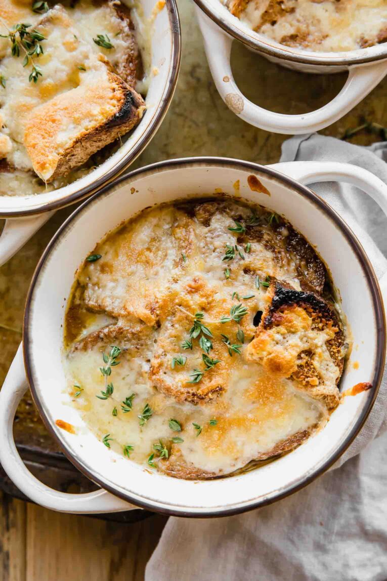 Vegetarian French Onion Soup recipe in a bowl.