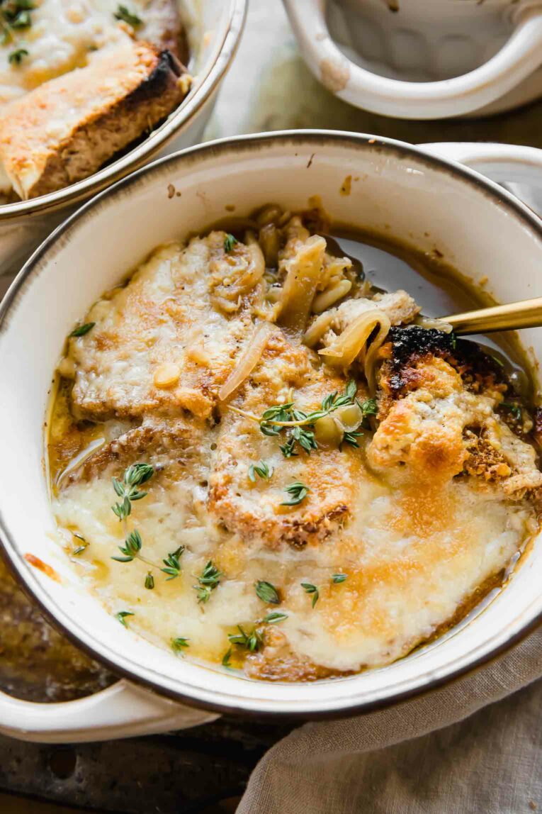 Angled photo of Vegetarian French Onion Soup recipe.