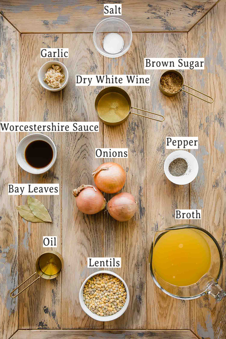 Ingredients for lentil French onion soup recipe.
