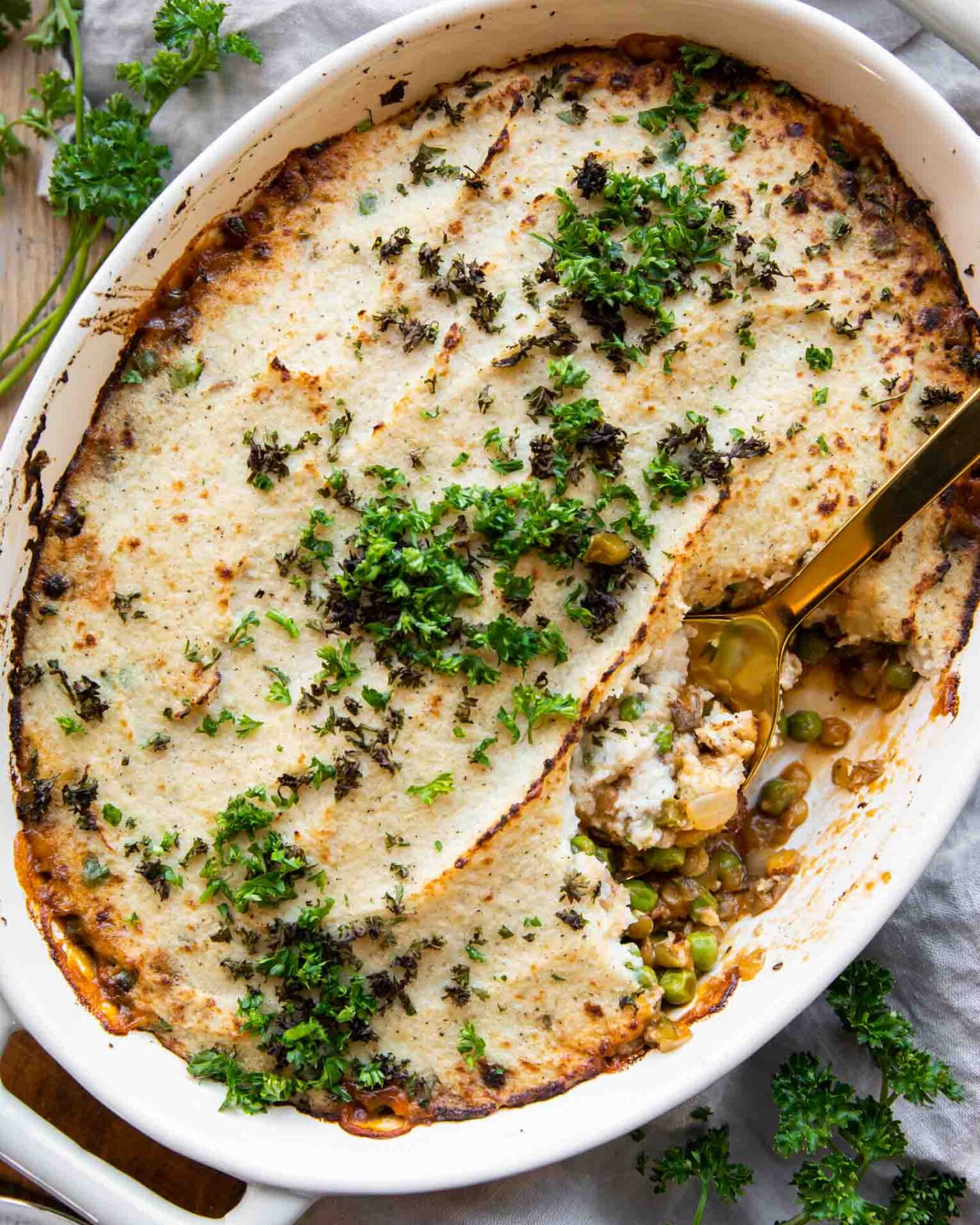 Vegetarian Shepherd's Pie in a casserole dish.