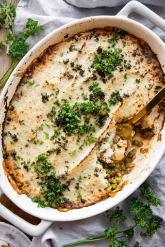 Vegetarian Shepherd's Pie in a casserole dish.