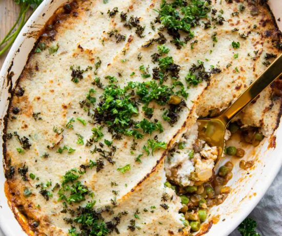 Vegetarian Shepherd's Pie in a casserole dish.