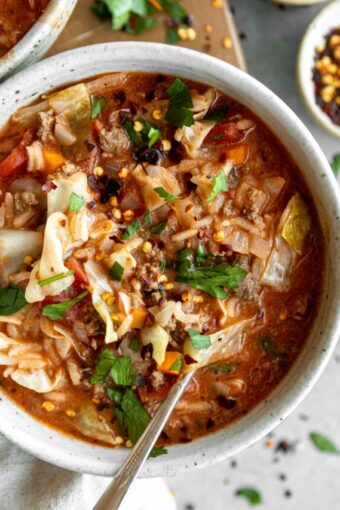 Close up of gluten-free healthy Stuffed Cabbage Soup in a bowl.