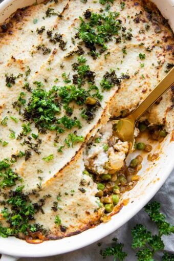 Close up of Vegetarian Shepherd's Pie with parsley.