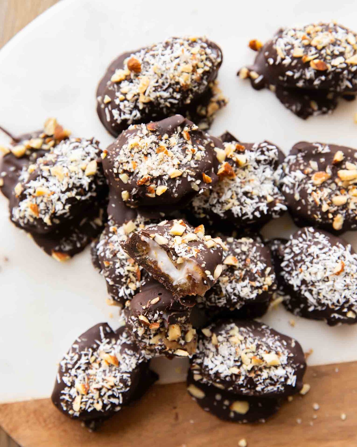 Healthy Almond joys close up - Almond Joy Chocolate Covered Dates.