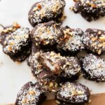 Healthy Almond joys close up - Almond Joy Chocolate Covered Dates.