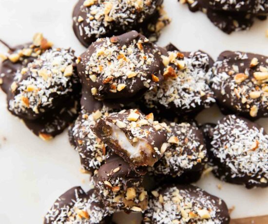 Healthy Almond joys close up - Almond Joy Chocolate Covered Dates.