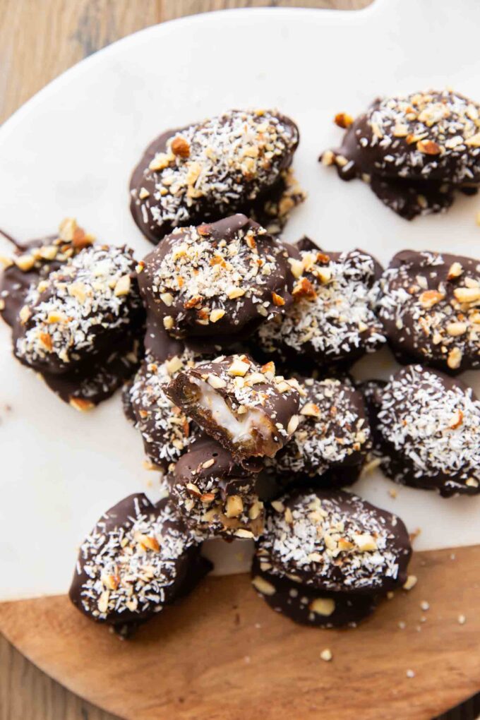 Healthy Almond joys close up - Almond Joy Chocolate Covered Dates.