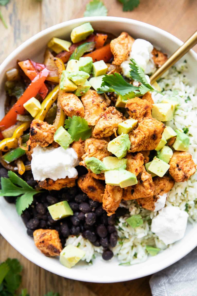 Spicy Chipotle Chicken Bowl with toppings.