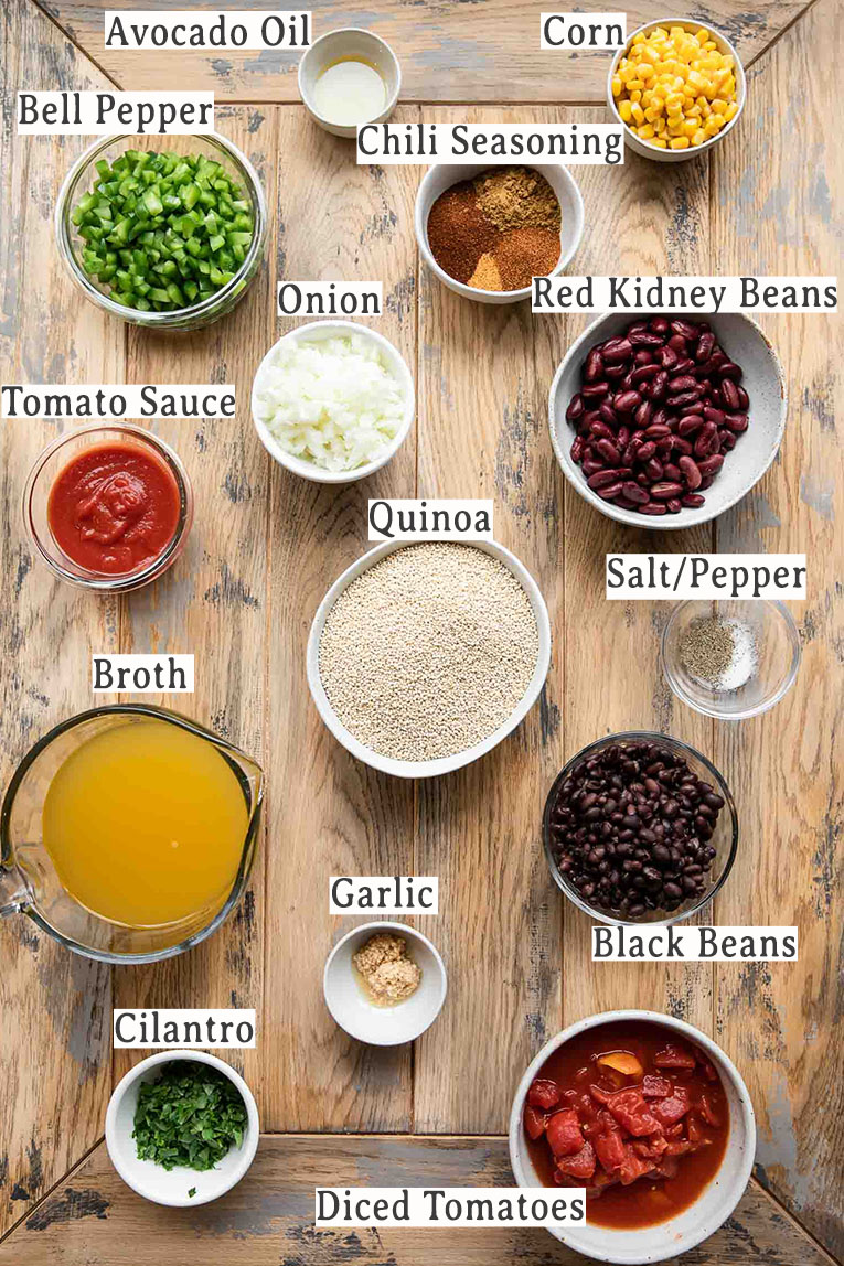 Ingredients for vegetarian quinoa chili recipe.