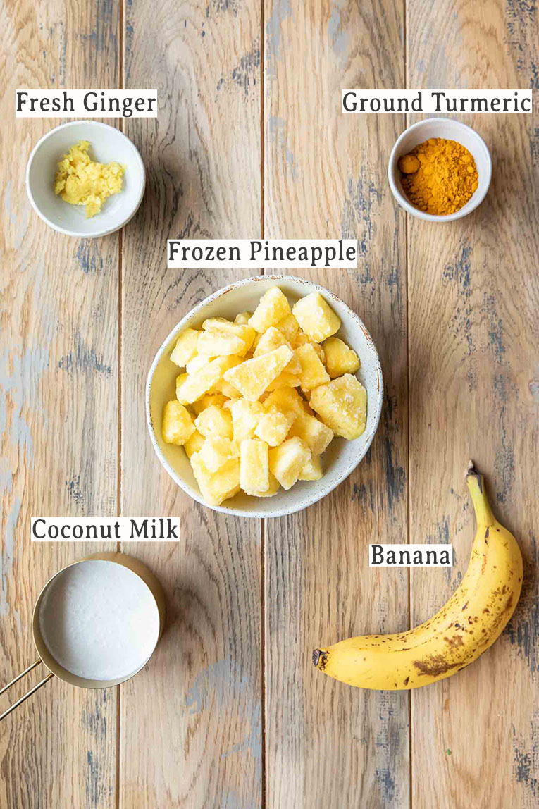 Ingredients for Golden Glow Pineapple Turmeric Smoothie recipe.