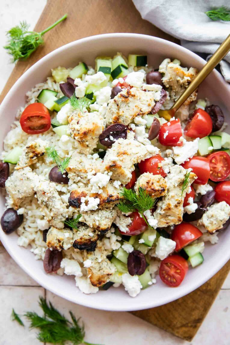 Greek Chicken Rice Bowls top shot photo.