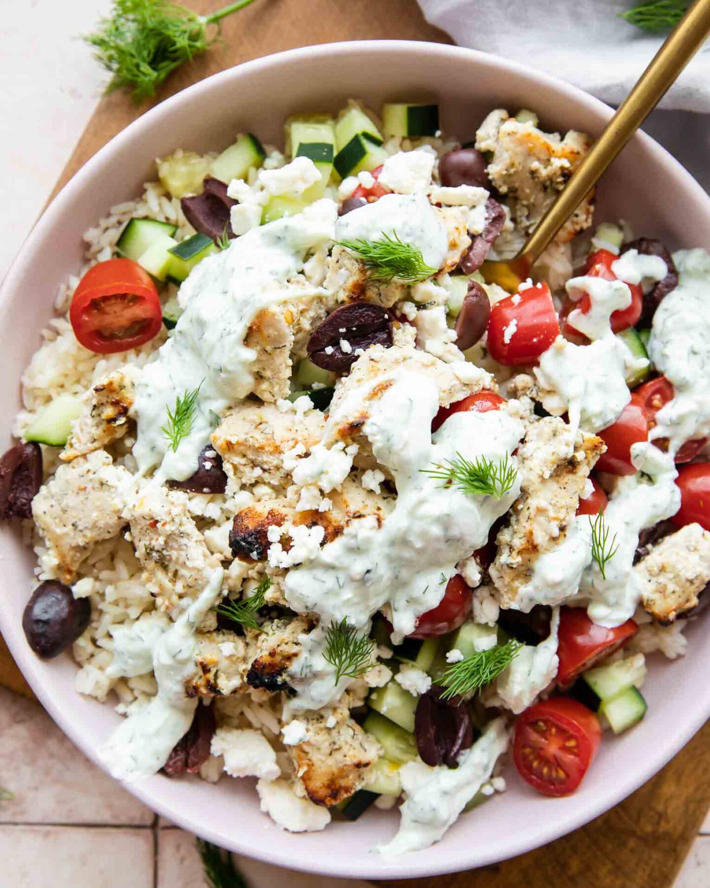 Greek Chicken Rice Bowls with Tzatziki sauce.