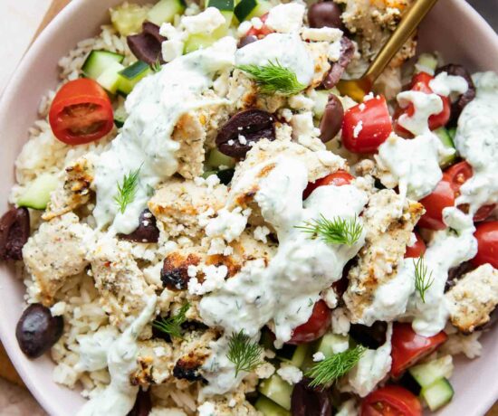 Greek Chicken Rice Bowls with Tzatziki sauce.