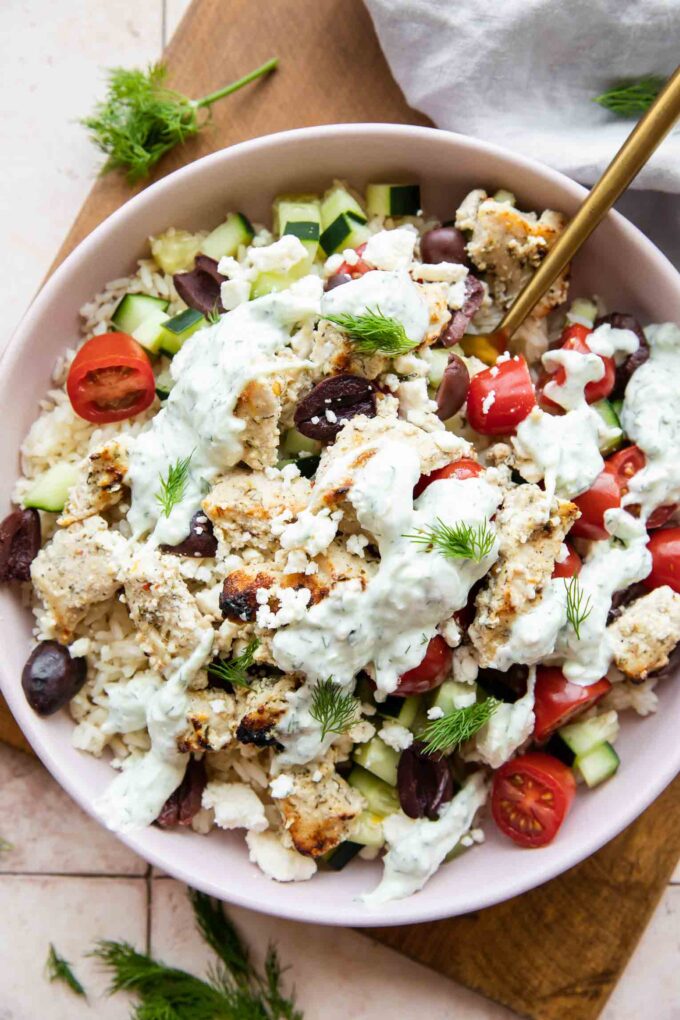 Greek Chicken Rice Bowls with Tzatziki sauce.