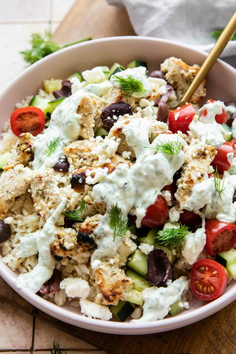 Angled close up of Greek Chicken Rice Bowl.