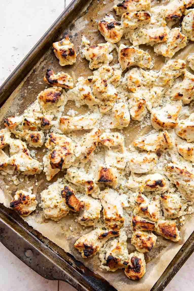 Baked sheet pan Greek chicken.