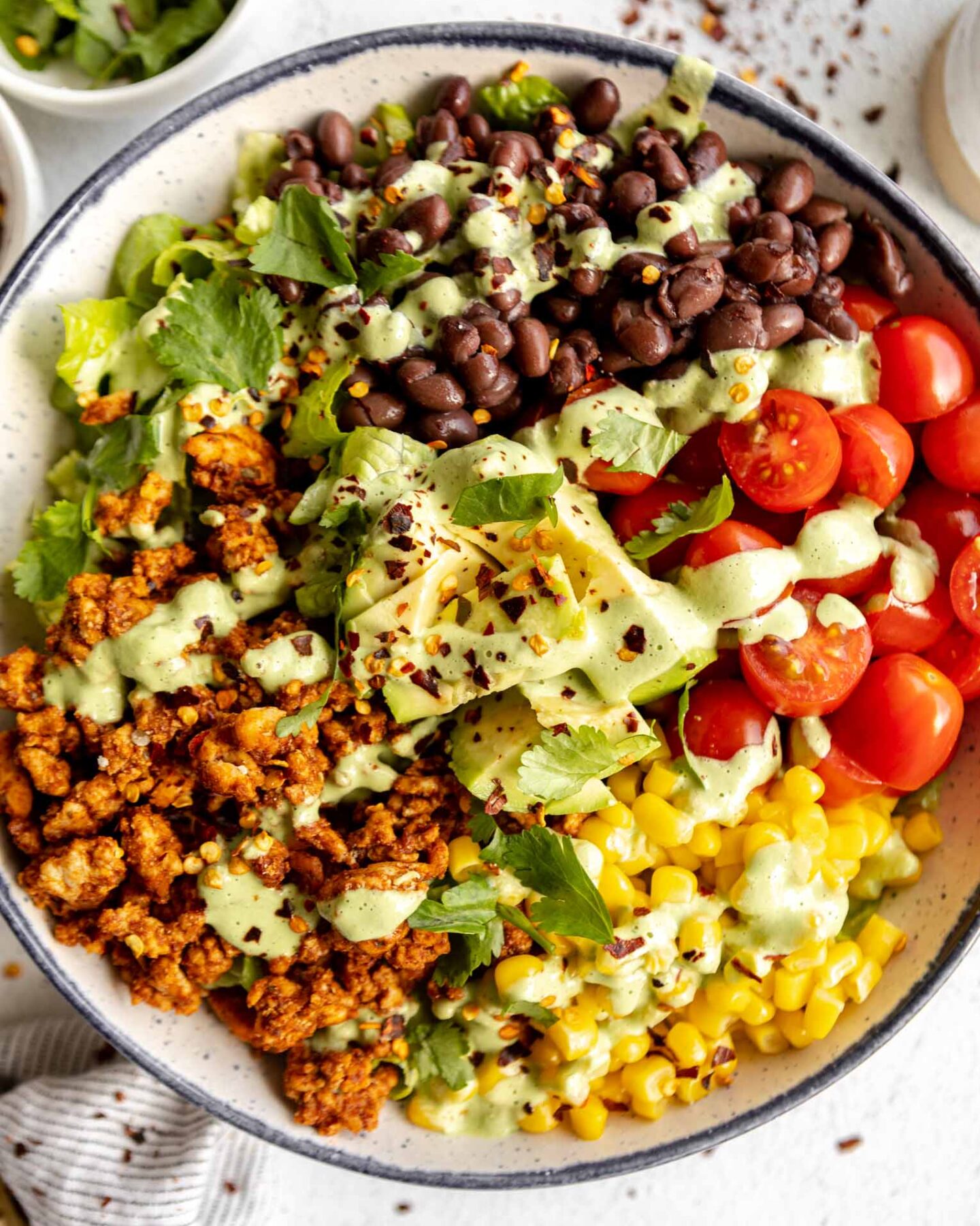 Top shot photo of Ground Turkey Taco Salad bowls.