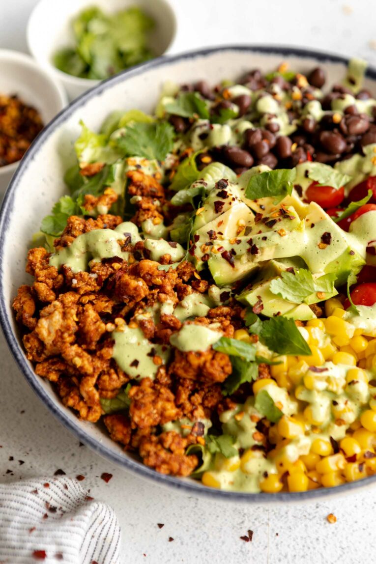 Angled photo of Ground Turkey Taco Salad in a large bowl.