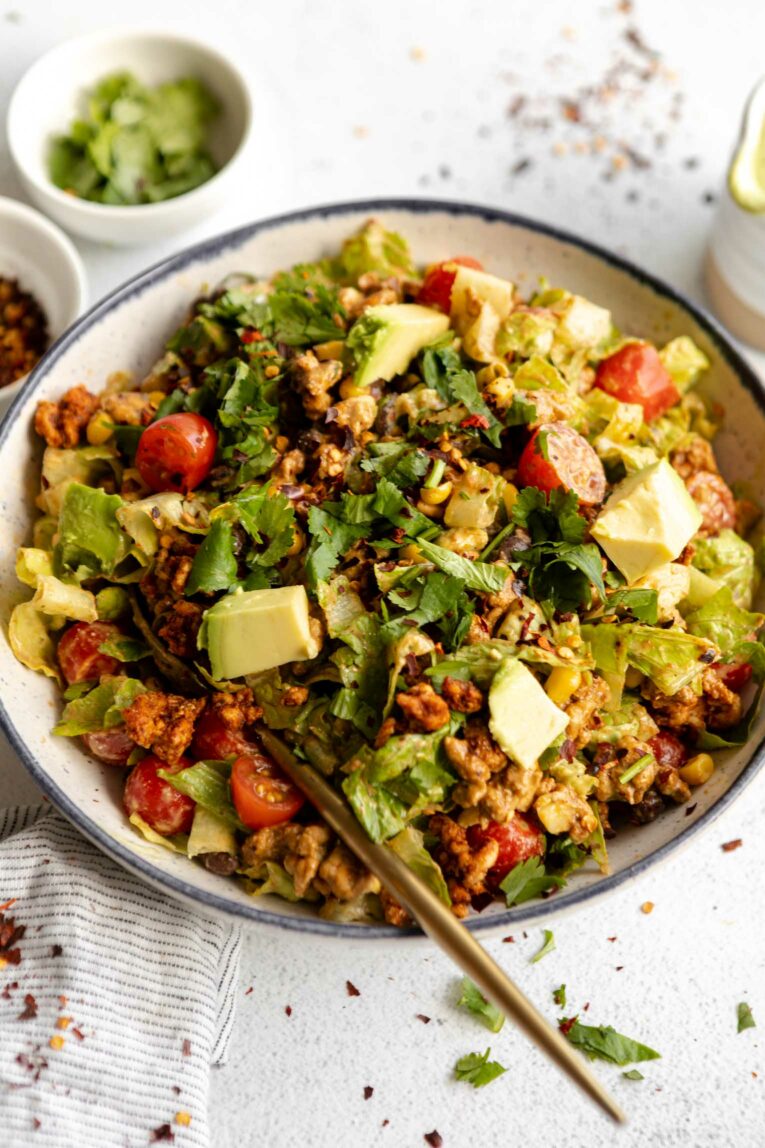 Angled photo of mixed Ground Turkey Taco Salad recipe.