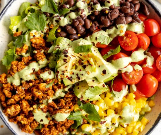 Top shot photo of Ground Turkey Taco Salad bowls.