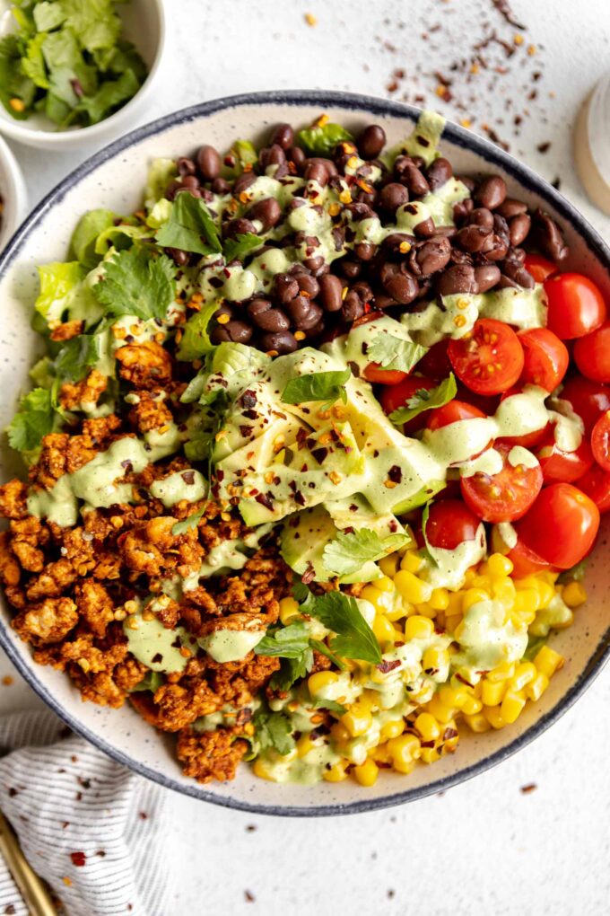Top shot photo of Ground Turkey Taco Salad bowls.