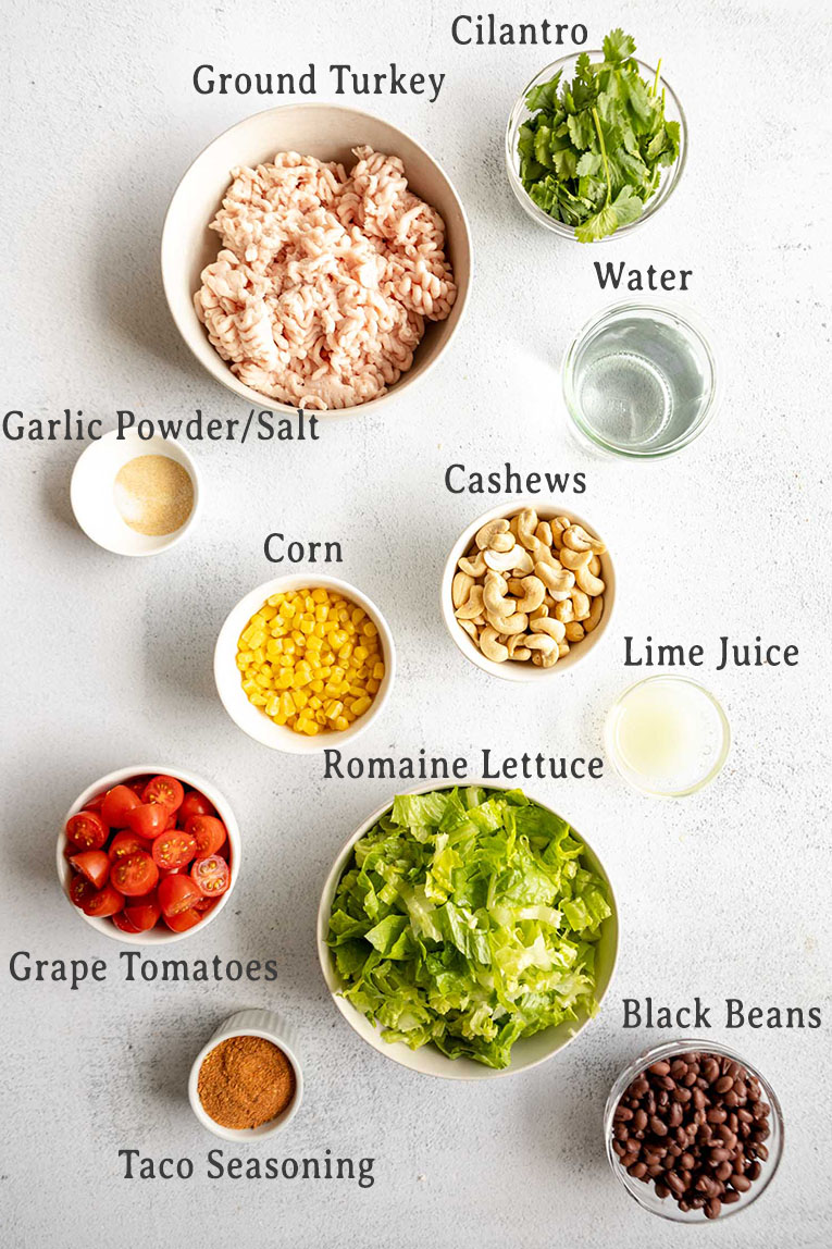 Ingredients for healthy ground turkey taco salad recipe.