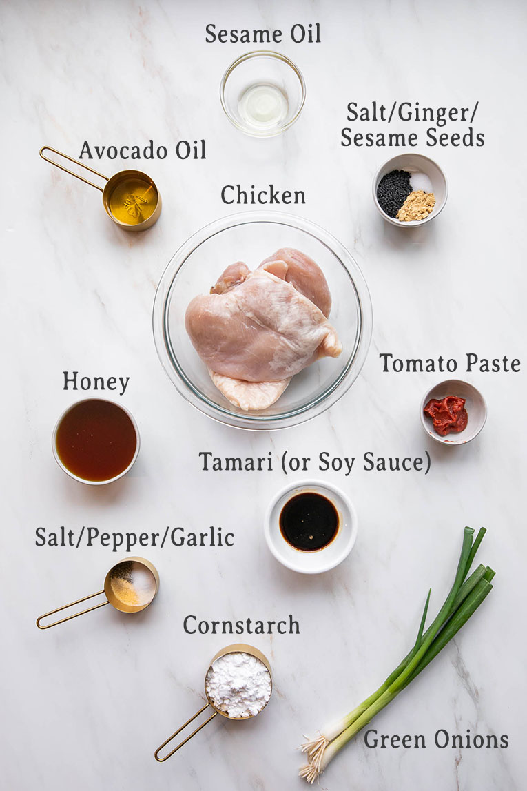 Ingredients for honey sesame chicken recipe.