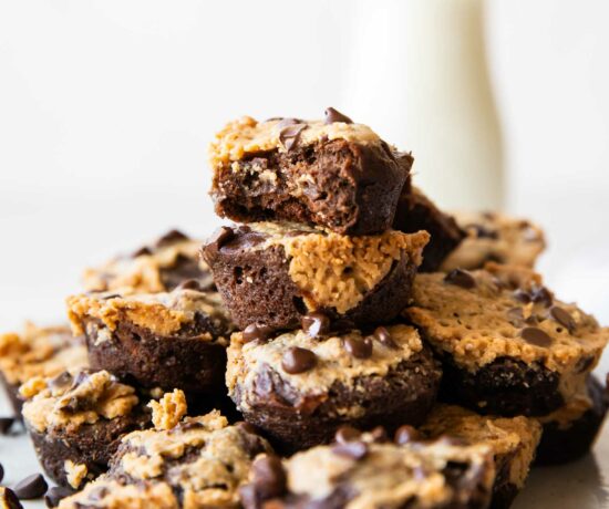 Protein Brownie Bites recipe across photo stacked on plate.