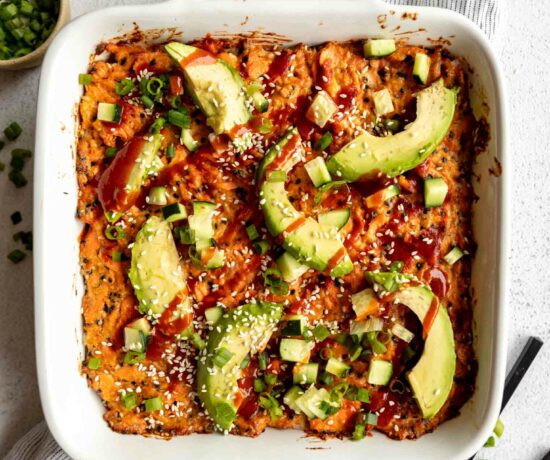 Salmon Sushi Bake Recipe in a baking dish.