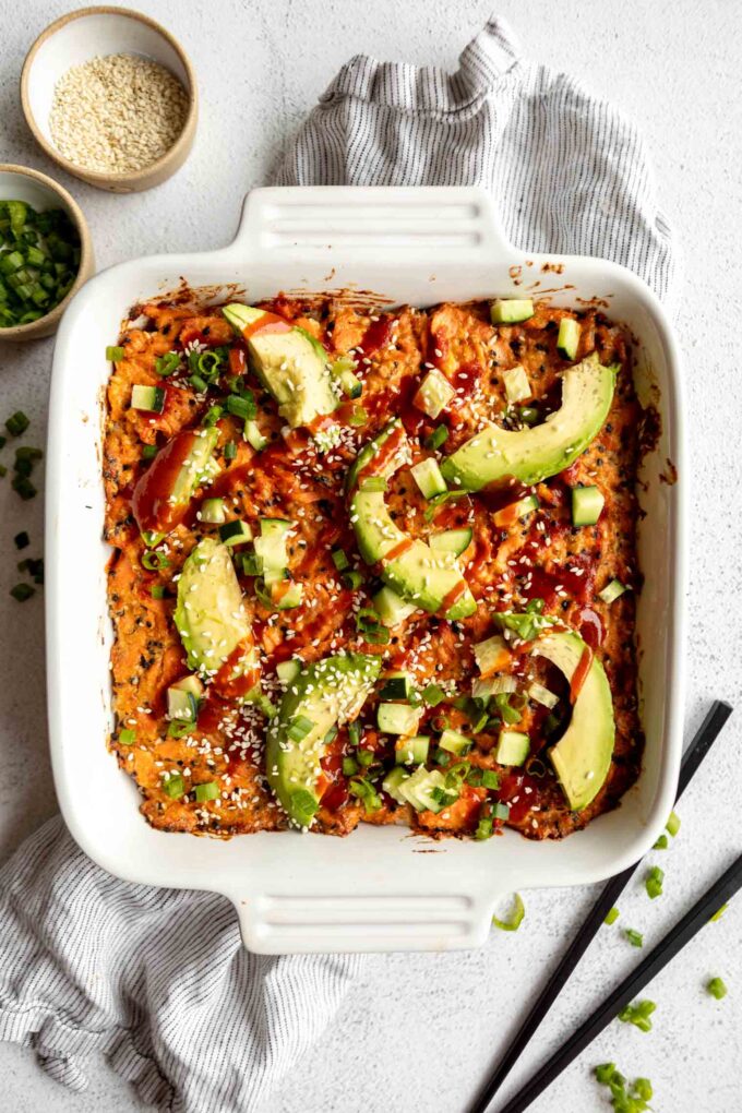 Salmon Sushi Bake Recipe in a baking dish.