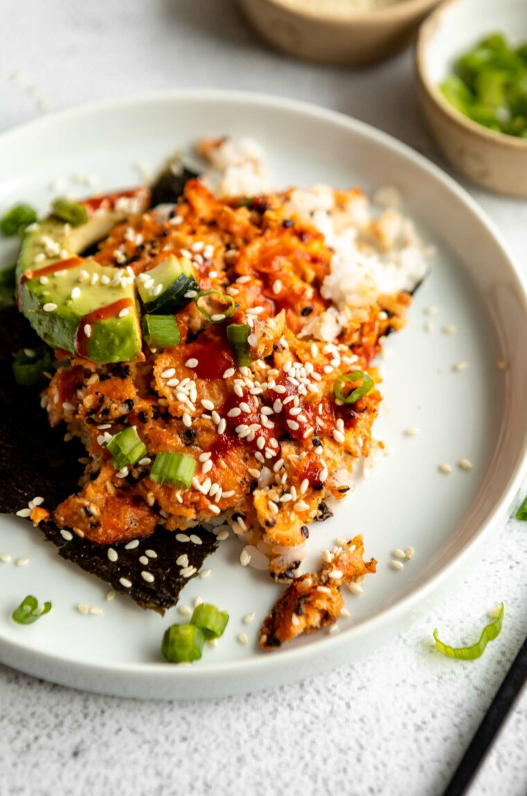 Salmon Sushi Bake Recipe angled photo.