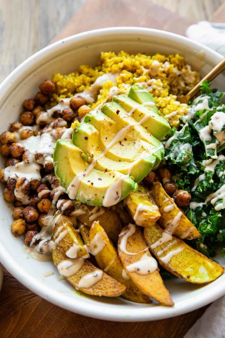 Angled photo of Vegan Turmeric Quinoa Power Bowls.