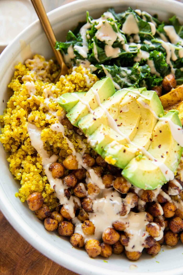 Close up of Vegan Turmeric Quinoa Power Bowls.