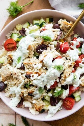 Greek Chicken Rice Bowls with Tzatziki sauce.