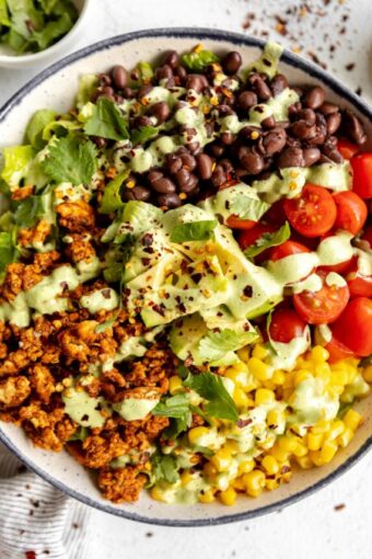 Top shot photo of Ground Turkey Taco Salad bowls.