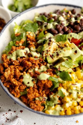 Angled photo of Ground Turkey Taco Salad in a large bowl.